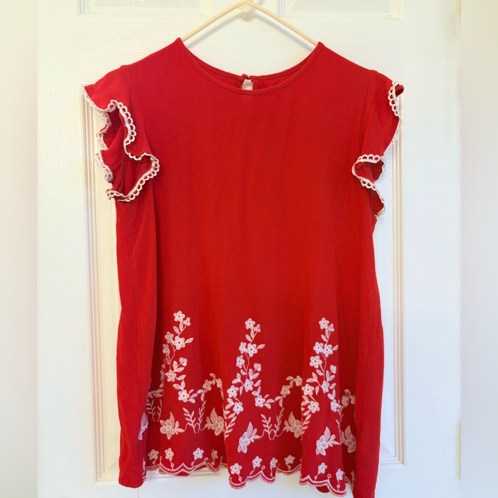Red Floral Embroidered Women's Top